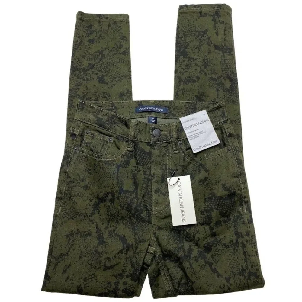 Calvin Klein Skinny Ankle Jeans Women's 24‎ XS Green Green Python-Print Stretch